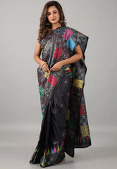Charcoal Black Kantha Silk Saree With Blouse Piece - Adi Akshoy & Co.