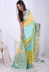 Yellow & Sky Blue Mashru Silk Saree with Blouse Piece – Adi Akshoy & Co.