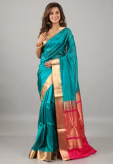 Turquoise Blue Sico Bengal Handloom Saree With Blouse Piece - Adi Akshoy & Co.