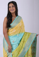Yellow & Sky Blue Mashru Silk Saree with Blouse Piece – Adi Akshoy & Co.