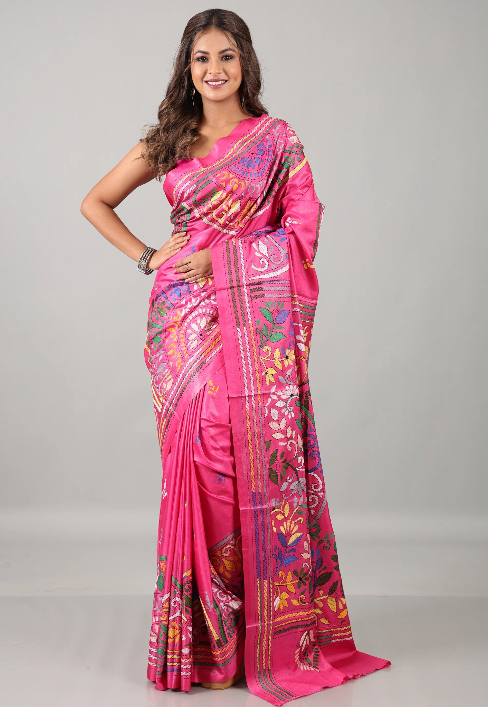 Rani Pink Kantha Silk Saree With Blouse Piece - Adi Akshoy & Co.