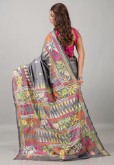 Gray Kantha Silk Saree With Blouse Piece - Adi Akshoy & Co.