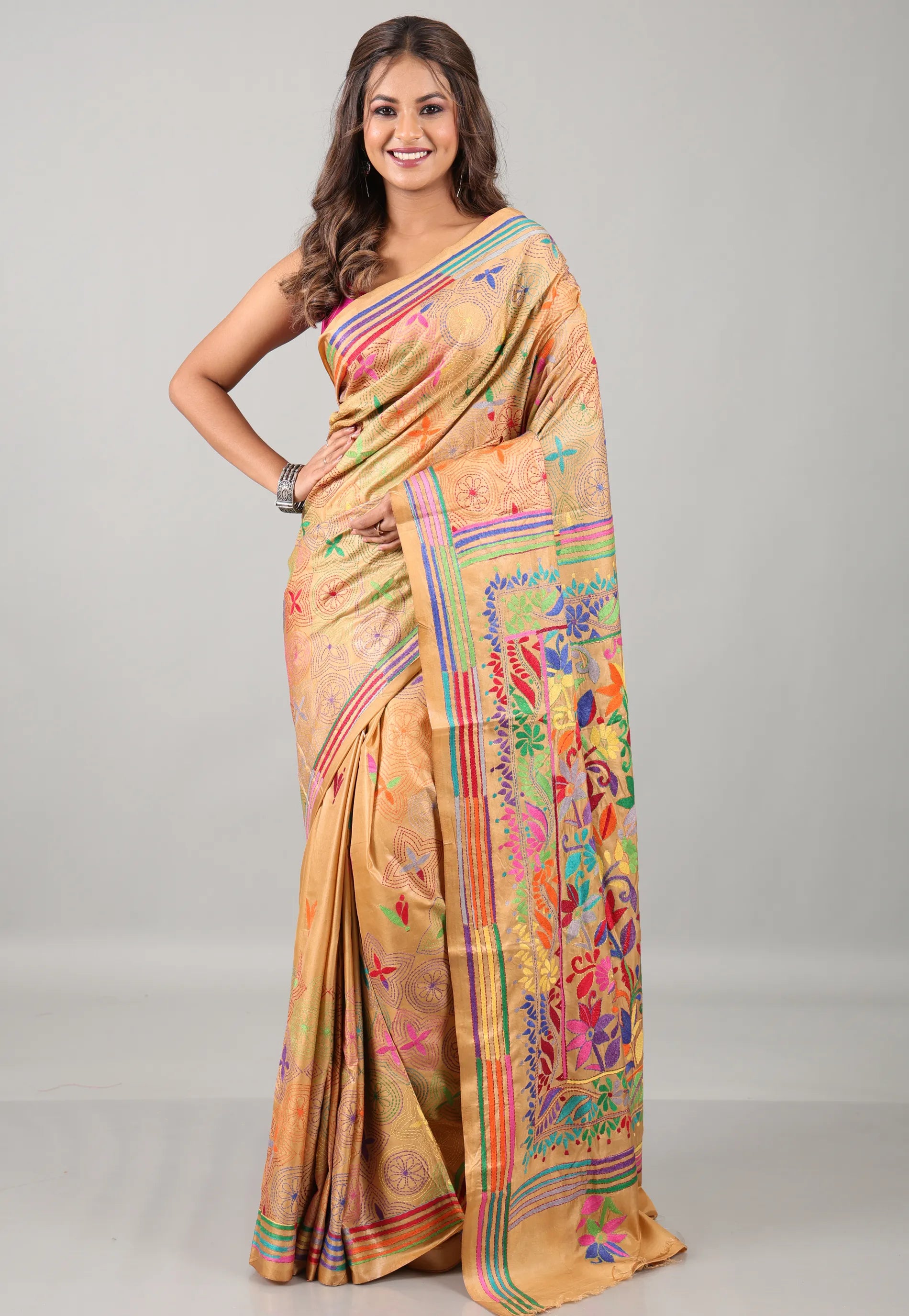 Beige Kantha Silk Saree With Blouse Piece - Adi Akshoy & Co.