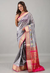 Gray Sico Bengal Handloom Saree With Blouse Piece - Adi Akshoy & Co.