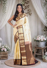 Cream Colour with Magenta contrast Pure Kanjivaram Silk Saree with Blouse Piece - Adi Akshoy & Co.