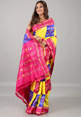 Yellow Pure Ikkat Silk Saree With Blouse Piece - Adi Akshoy & Co.