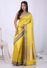 Mustard Yellow Pure Katan Silk Saree with Blouse Piece – Adi Akshoy & Co.