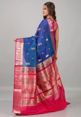 Blue Green Sico Handloom Saree With Blouse Piece - Adi Akshoy & Co.