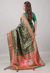 Bottle Green Kani Silk Saree With Blouse Piece - Adi Akshoy & Co.