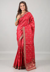 Red Pure Tussar Kantha Silk Saree With Blouse Piece - Adi Akshoy & Co.