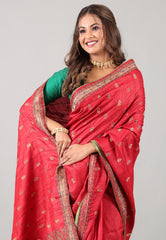 Red Pure Tussar Kantha Silk Saree With Blouse Piece - Adi Akshoy & Co.