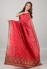 Red Pure Tussar Kantha Silk Saree With Blouse Piece - Adi Akshoy & Co.