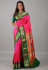 Rani Pink Pure Paithani Silk Saree With Blouse Piece - Adi Akshoy & Co.