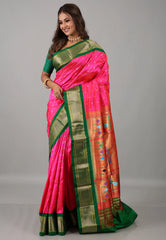 Rani Pink Pure Paithani Silk Saree With Blouse Piece - Adi Akshoy & Co.