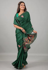 Rama Green Kantha Silk Saree With Blouse Piece - Adi Akshoy & Co.