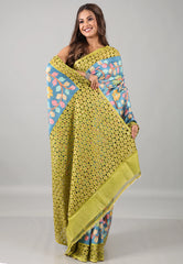 Aqua Blue Pure Tussar Kantha Silk Saree With Blouse Piece - Adi Akshoy & Co.