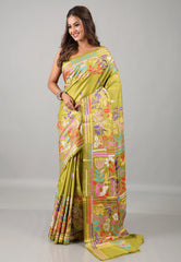 Pesta Green Kantha Silk Saree With Blouse Piece - Adi Akshoy & Co.