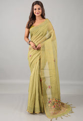 Olive Green Kantha Silk Saree With Blouse Piece - Adi Akshoy & Co.
