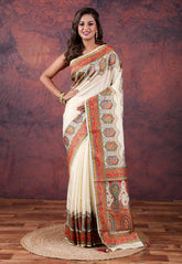 Off White Kani Silk Saree With Blouse Piece - Adi Akshoy & Co.