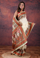 Off White Kani Silk Saree With Blouse Piece - Adi Akshoy & Co.