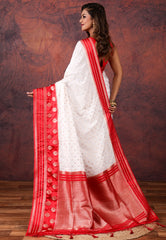 White with Red Border Katan Korial Silk Saree With Blouse Piece - Adi Akshoy & Co.