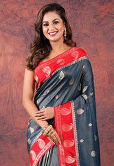 Cross Charcoal Black Tissue Katan Silk Saree With Blouse Piece - Adi Akshoy & Co.