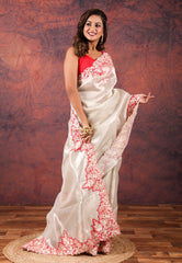 Cream Tissue Kantha Silk Saree With Blouse Piece - Adi Akshoy & Co.
