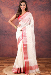 White Tussar Embroidery Work Silk Saree with Blouse Piece - Adi Akshoy & Co.