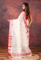 White Tussar Embroidery Work Silk Saree with Blouse Piece - Adi Akshoy & Co.