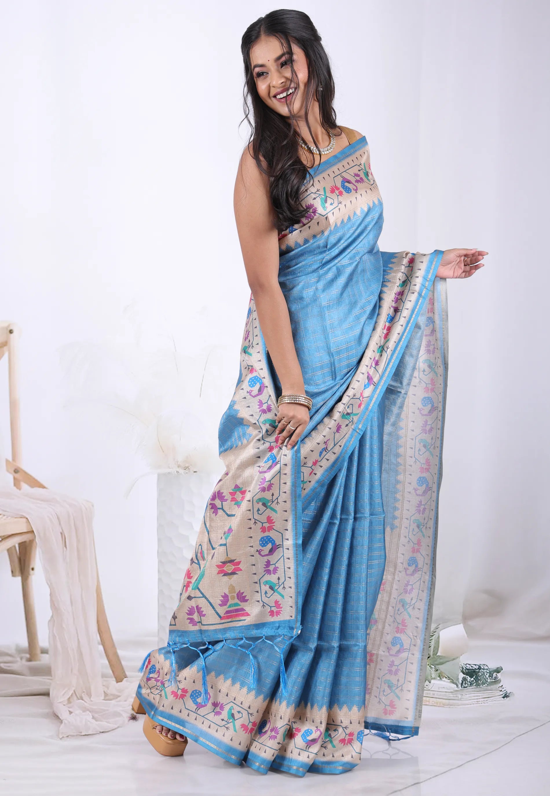 Feroza Blue Tussar Silk Saree with Blouse Piece – Adi Akshoy & Co.
