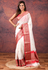 White Tussar Silk Saree with Blouse Piece - Adi Akshoy & Co.