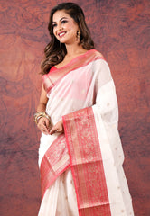 White Tussar Silk Saree with Blouse Piece - Adi Akshoy & Co.