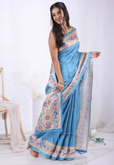 Feroza Blue Tussar Silk Saree with Blouse Piece – Adi Akshoy & Co.