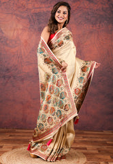 Beige with Golden Kani Silk Saree With Blouse Piece - Adi Akshoy & Co.