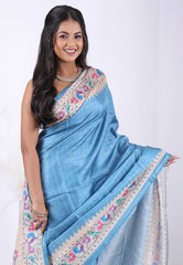 Feroza Blue Tussar Silk Saree with Blouse Piece – Adi Akshoy & Co.