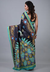 Black Pure Tussar Kantha Silk Saree With Blouse Piece - Adi Akshoy & Co.
