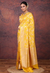 Yellow Pure Katan Jaal Silk Saree with Blouse Piece - Adi Akshoy & Co.