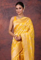 Yellow Pure Katan Jaal Silk Saree with Blouse Piece - Adi Akshoy & Co.