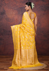 Yellow Pure Katan Jaal Silk Saree with Blouse Piece - Adi Akshoy & Co.