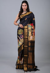 Black Pure Kalamkari Silk Saree with Blouse Piece - Adi Akshoy & Co.