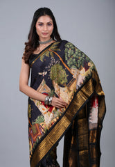 Black Pure Kalamkari Silk Saree with Blouse Piece - Adi Akshoy & Co.