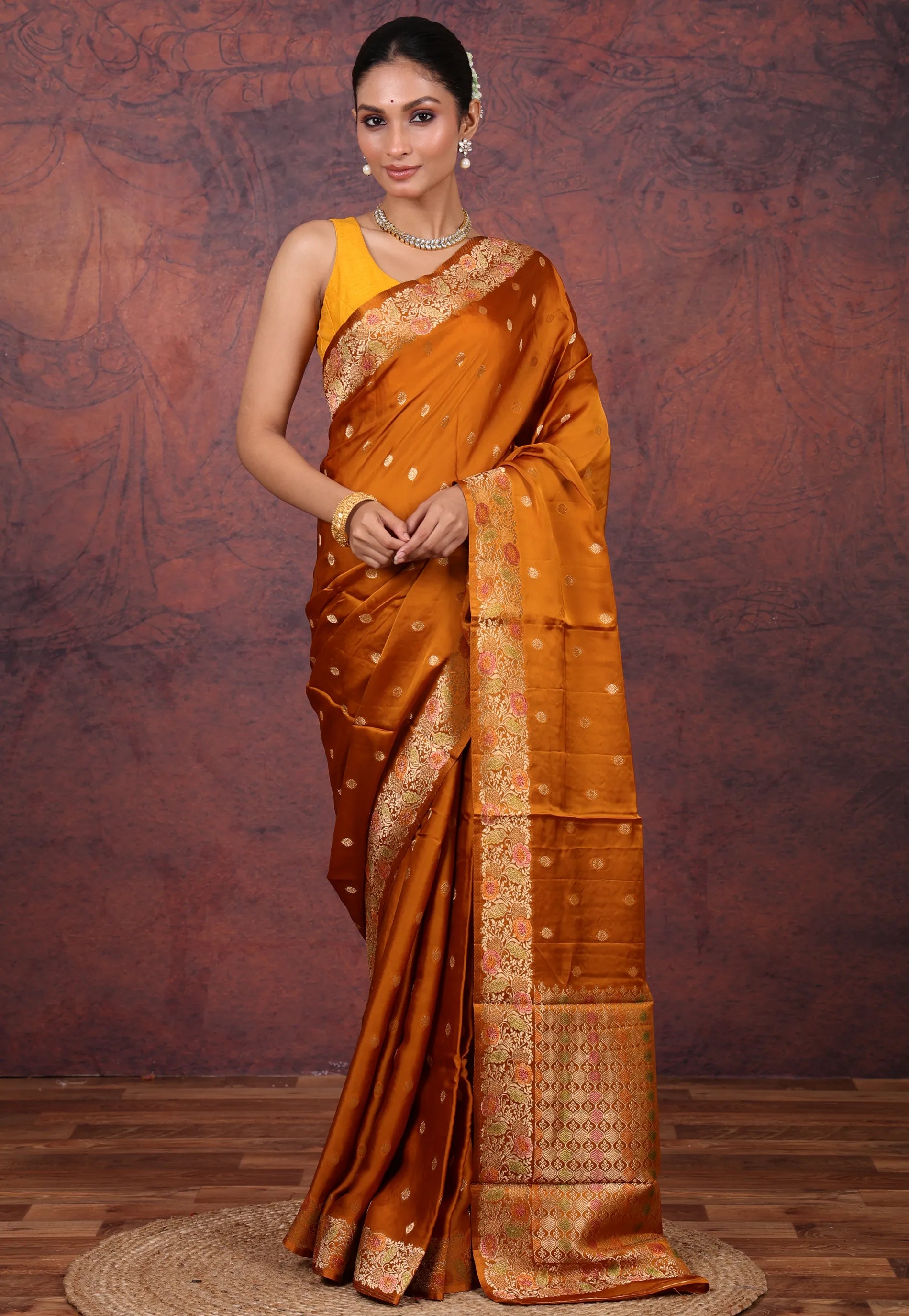 Mustard Yellow Mashru Silk Saree with Blouse Piece - Adi Akshoy & Co.
