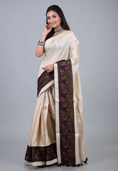Cream Pure Tussar Kantha Silk Saree With Blouse Piece - Adi Akshoy & Co.