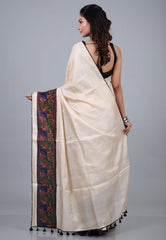 Cream Pure Tussar Kantha Silk Saree With Blouse Piece - Adi Akshoy & Co.