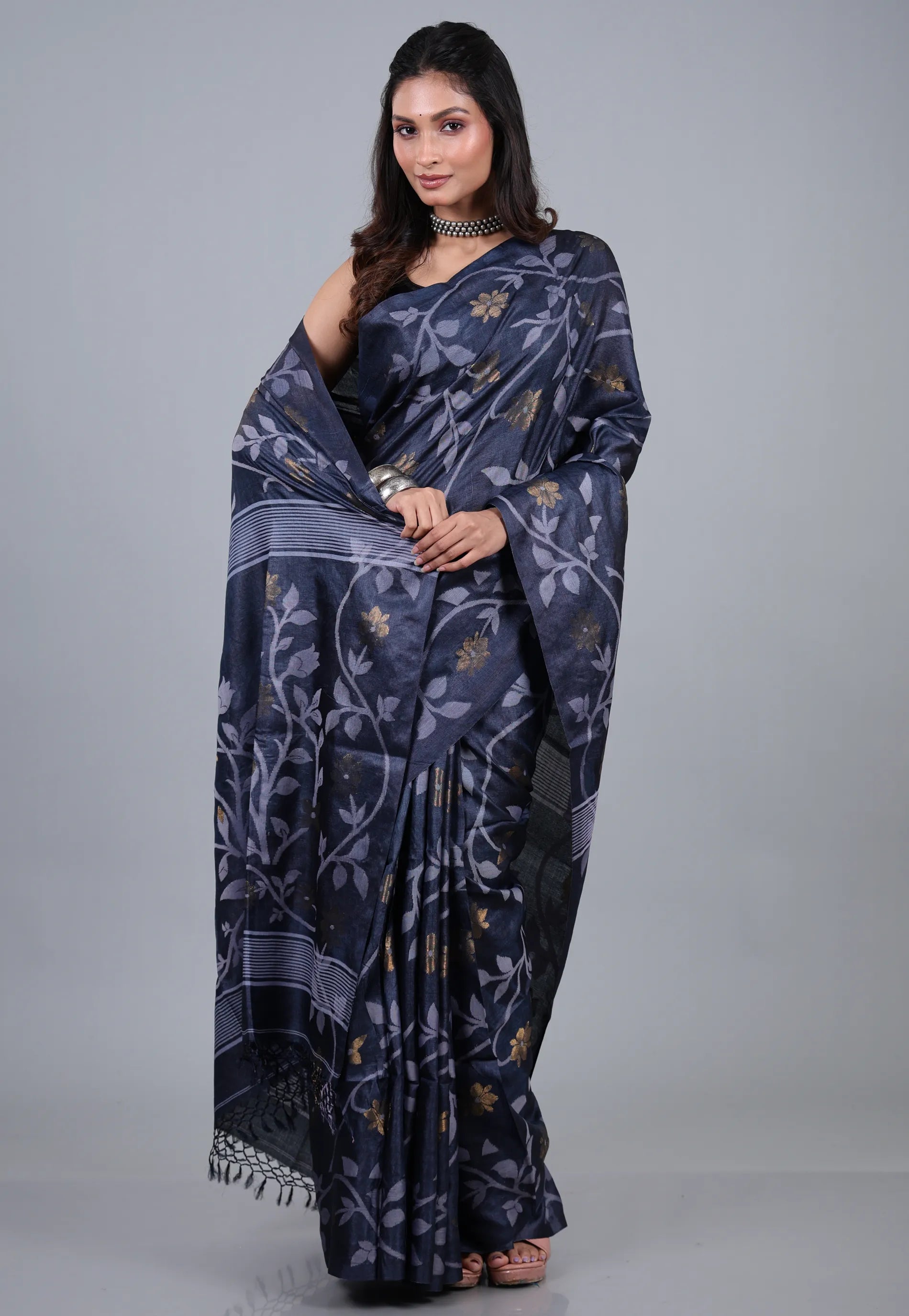 Indigo Blue Pure Tussar Dhakai Jamdani Saree with Blouse Piece - Adi Akshoy & Co.