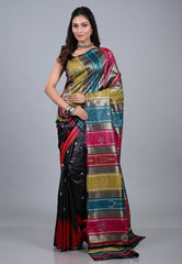 Black Behrampur Ikkat Silk Saree With Blouse Piece - Adi Akshoy & Co.
