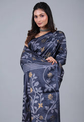 Indigo Blue Pure Tussar Dhakai Jamdani Saree with Blouse Piece - Adi Akshoy & Co.