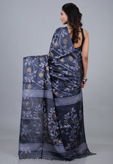 Indigo Blue Pure Tussar Dhakai Jamdani Saree with Blouse Piece - Adi Akshoy & Co.