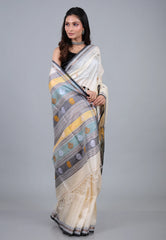 Off White Pure Tussar Dhakai Jamdani Saree with Blouse Piece - Adi Akshoy & Co.