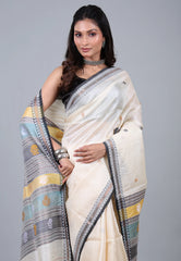 Off White Pure Tussar Dhakai Jamdani Saree with Blouse Piece - Adi Akshoy & Co.